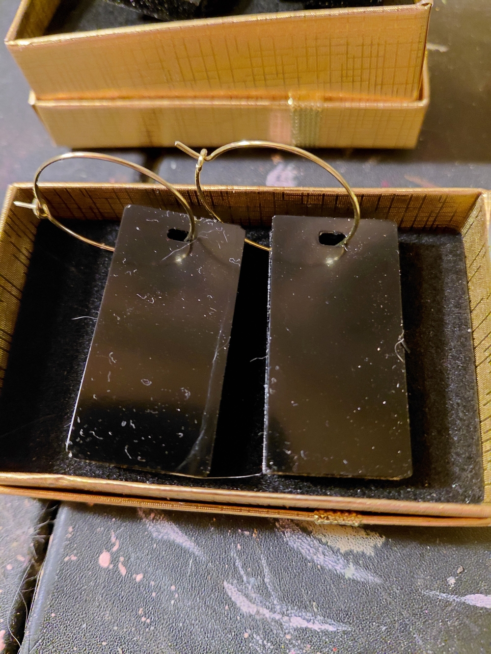 Gold Hoop Earrings with Black Rectangular Pendants